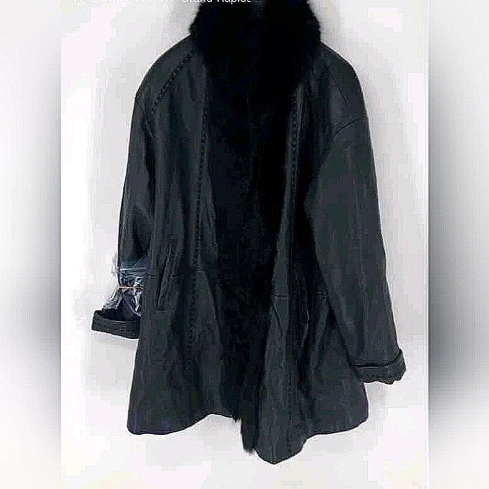 Studio Design DESIGNER Black Fur Collar Leather Pockets coat Jacket Size 2XL